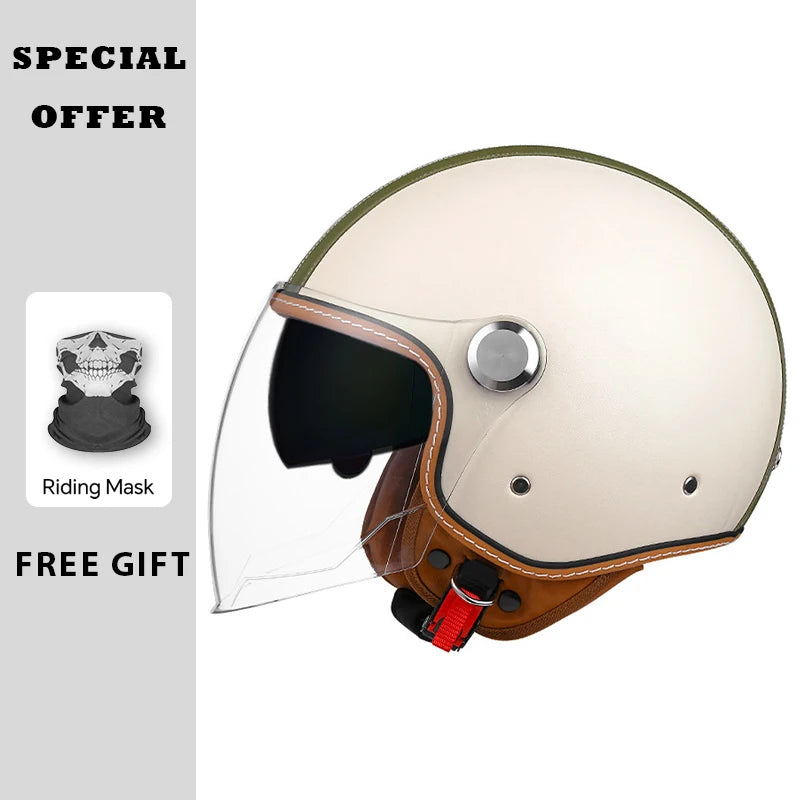 Black Leather Open Face Motorcycle Helmets Men Women Vintage Jet Moto Helmet DOT Retro 3/4 Half Helmet Pedal Personality Scooter