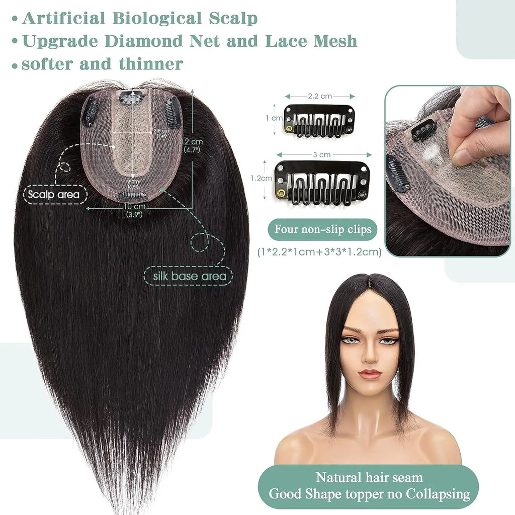Women Topper Human Hair Straight Silk Top Human Hair Wigs Machine Made Clip in Remy Hair Toupee Silk Base Human Hair System Unit