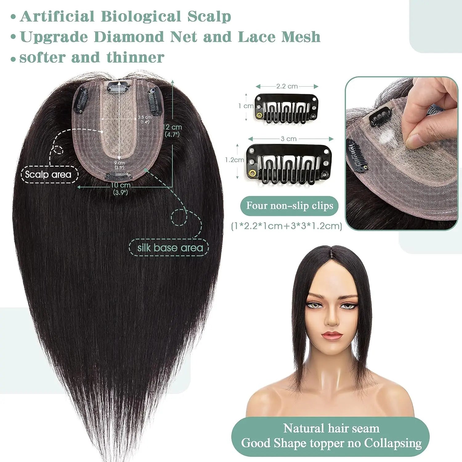 Women Topper Human Hair Straight Silk Top Human Hair Wigs Machine Made Clip in Remy Hair Toupee Silk Base Human Hair System Unit