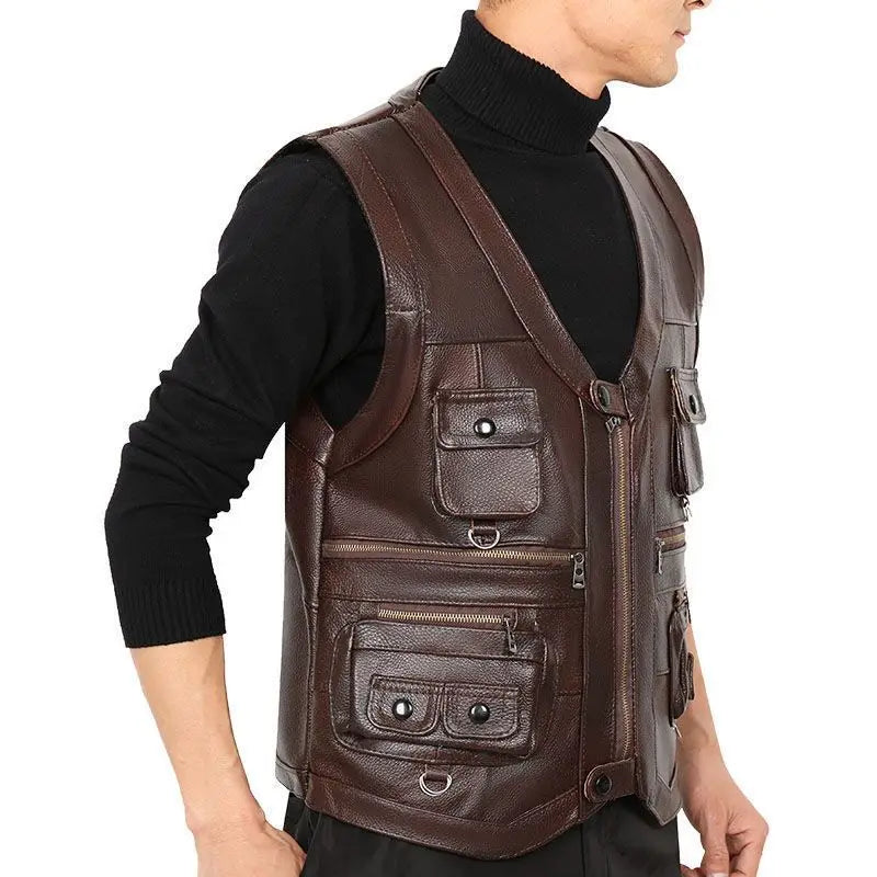 Cowhide Genuine Leather Vest Waistcoat Male clothing Jacket Thick Motorcycle Multi Pocket leather biker Men safety vest JJ134