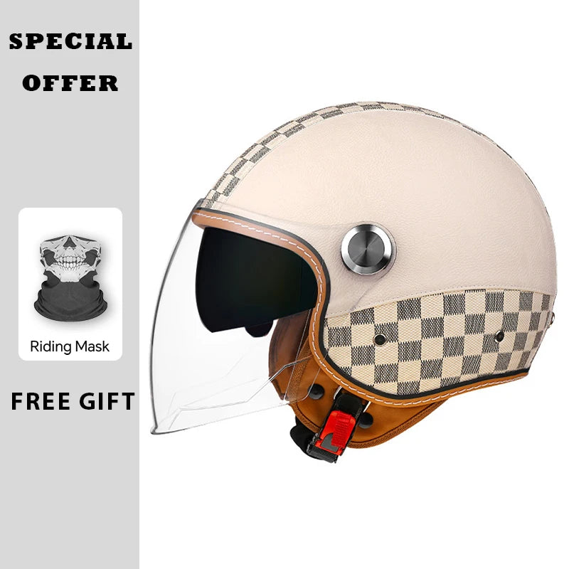 Black Leather Open Face Motorcycle Helmets Men Women Vintage Jet Moto Helmet DOT Retro 3/4 Half Helmet Pedal Personality Scooter