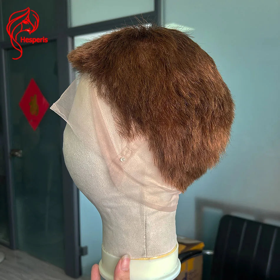 Hesperis Natural Brown Buzz Cut Full Lace Wig for Men Brazilian Remy Short Human Hair Pre-Plucked Wig #4 Color Male Wigs
