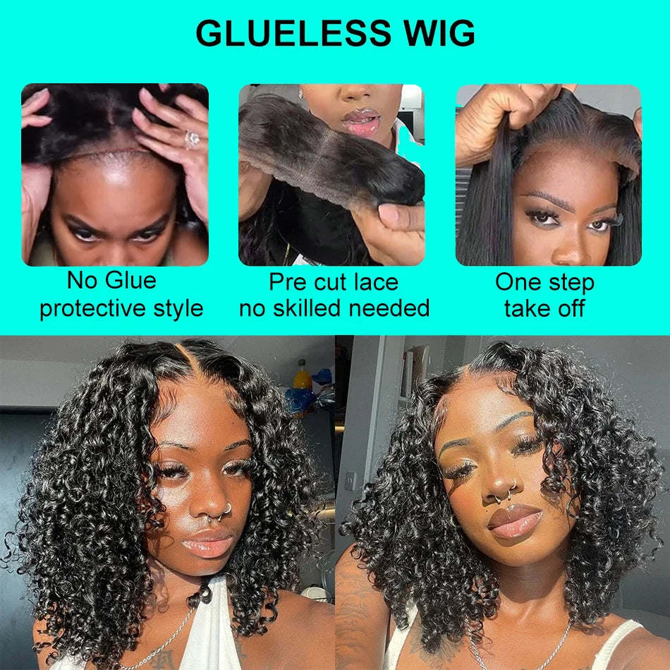Curly Deep Bob Wigs For Women 13x4 Glueless Pre Cut Human Hair Wig Ready To Go Human Hair Wigs No Glue Remy Human Wig For Women