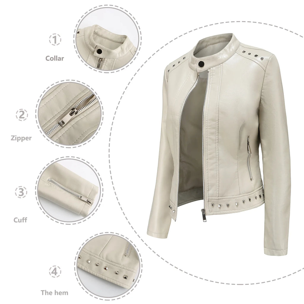 2026 Zipper leather jacket motorcycle topThis year's trend Women's , Rivet Coat,Spring coat zipper women's clothing