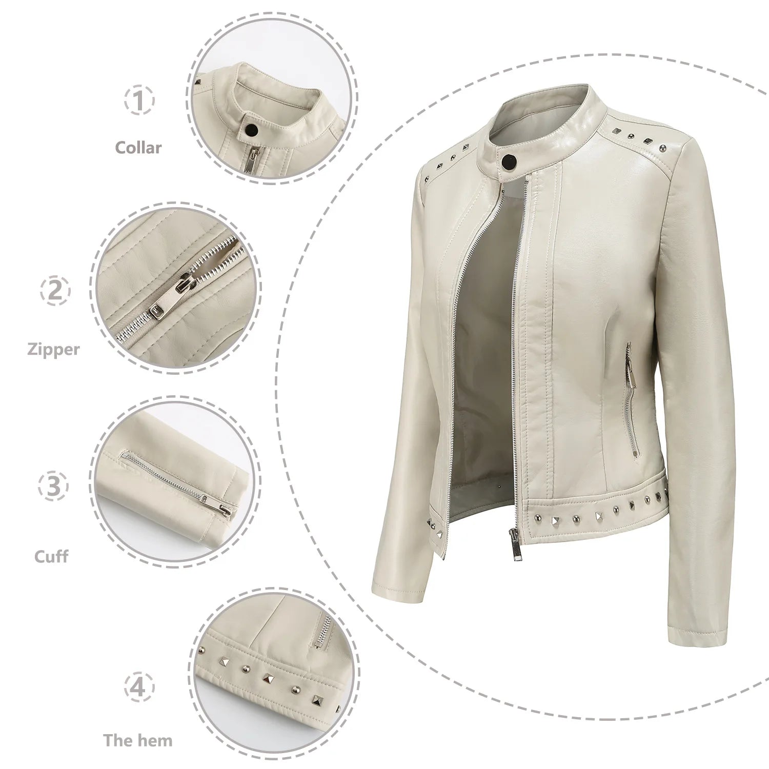 2026 Zipper leather jacket motorcycle topThis year's trend Women's , Rivet Coat,Spring coat zipper women's clothing