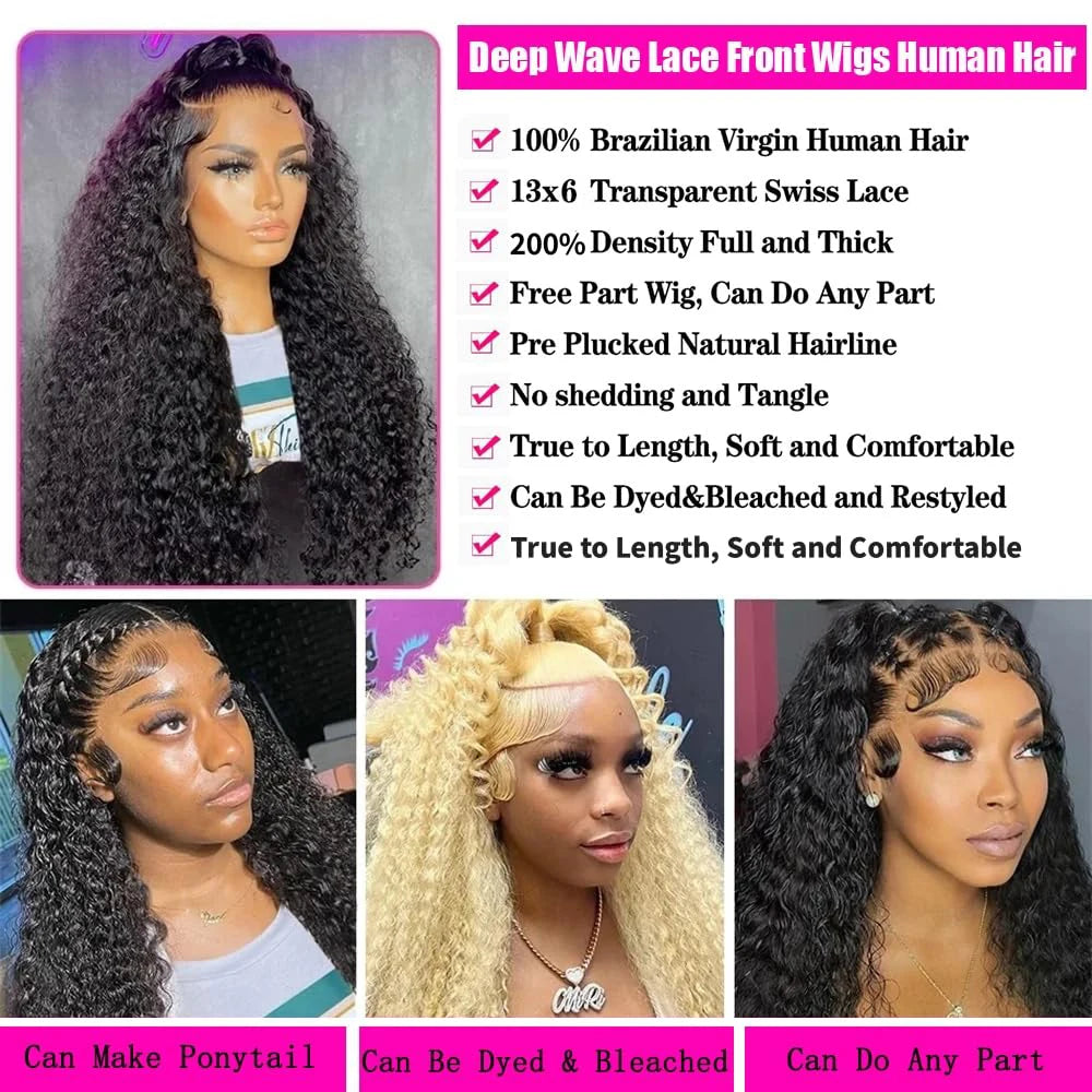 32 Inch 13x6 Deep Wave Lace Front Wig Human Hair 200% Density 13x4 Lace Front Wig Human Hair Pre Plucked Natural Color Curly Wig
