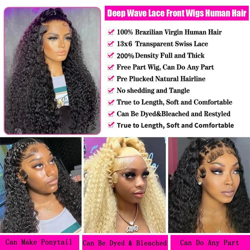 32 Inch 13x6 Deep Wave Lace Front Wig Human Hair 200% Density 13x4 Lace Front Wig Human Hair Pre Plucked Natural Color Curly Wig