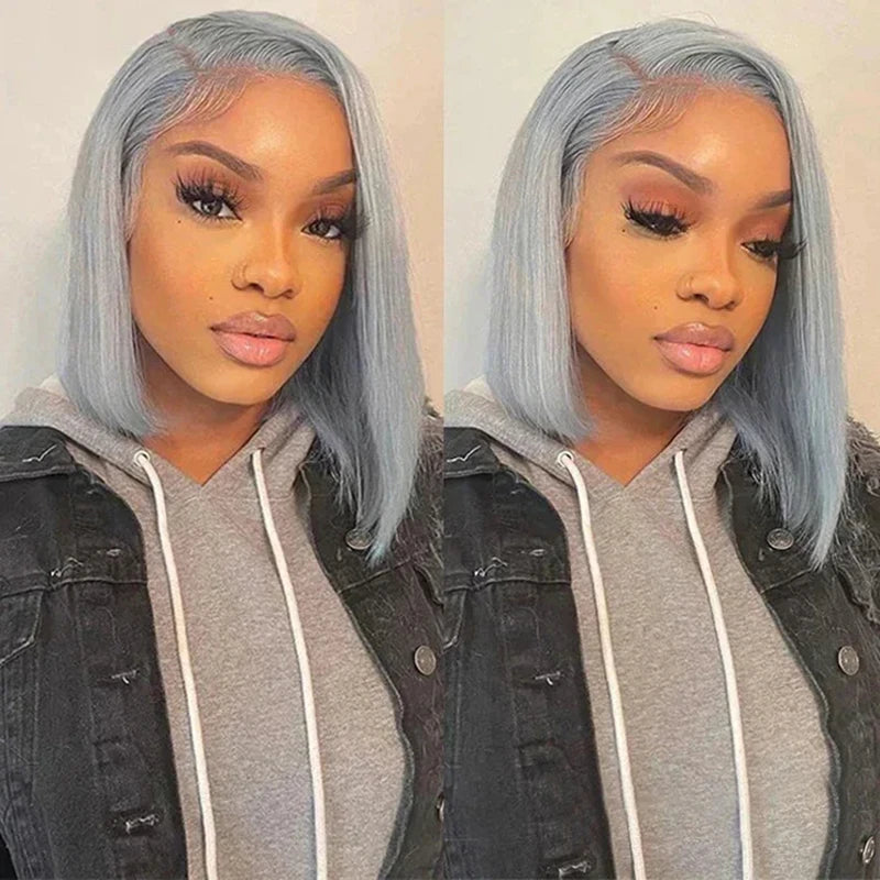 Silver Grey Short Bob Wig Straight 13x4 Lace Front Human Hair Transparent Wig for Black Women Bob Style Wig on Sale