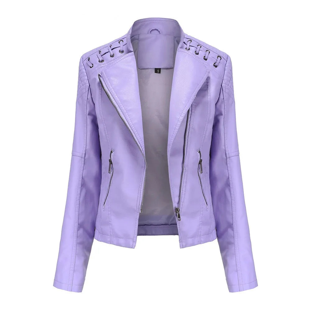 Spring Autumn Women's Clothing Slim Fit PU Leather Jacket For Woman Motorcycle Biker Style Short Coat With Notched Collar