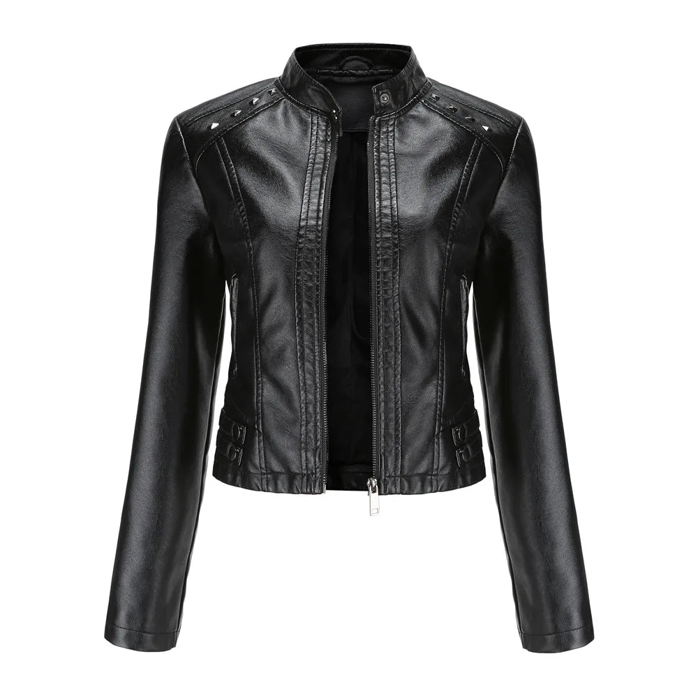 KIDCRKJ Spring Autumn Women's Leather Jacket Female Riveted Stand Collar Casual Coats Women's Motorcycle Jacket Women's Clothing