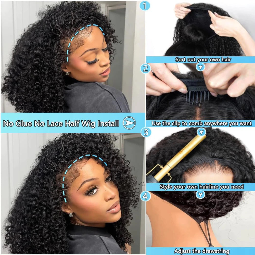 Half Wig 200% Density Remy Hair Headband Wig No Leave Out Curly Human Hair Wigs Upgrade Glueless Clip 3 In 1 Half Wigs For Women