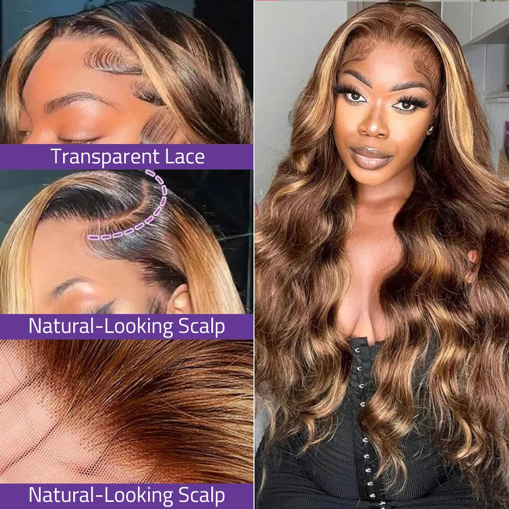 Highlight 13x4 Body Wave Lace Frontal Wigs Human Hair Brazilian 13x6 HD Lace Frontal Ombre Honey Blonde Colored Wig For Women