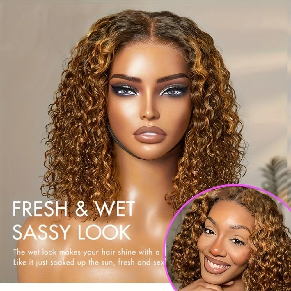 250% Density Omber Deep Wave Human Hair Wig 13x4 HD Lace Pre-Plucked Wet Wave Bob Wig Natural Look for Daily & Special Occasions