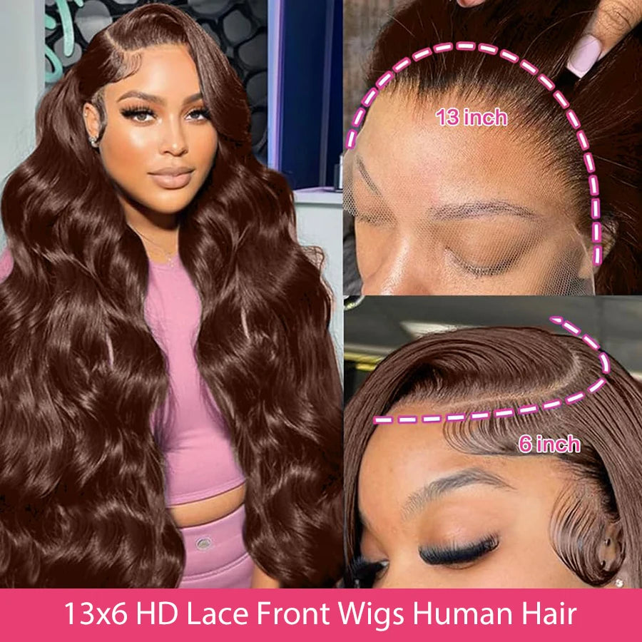 Body Wave Chocolate Brown Lace Front Wigs Human Hair Pre Plucked Brazilian Brown Virgin Hair 13x6 HD Frontal Wig For Women