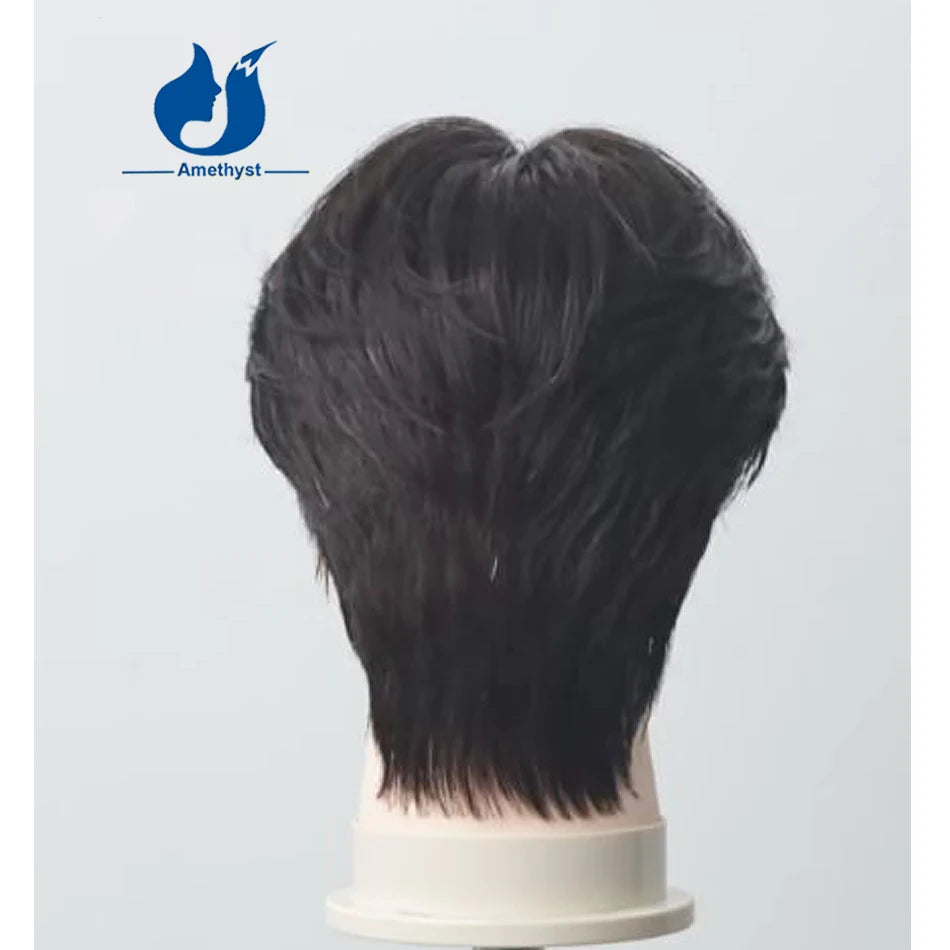 Amethyst Black Straight Short Pixie Cut Wig for Men Human Hair with Bangs Pre Plucked Full Lace Wig with Sideburns Pre Styled