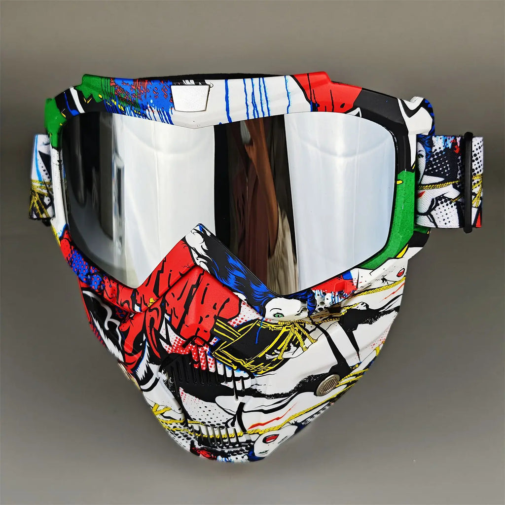 Motorcycle Glasses Riding Glases with Removable Face Mask, Removable Anti-fog Glasses, Mouth Filter, Adjustable Anti-slip Strap