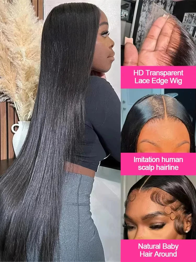 250 Density 40 Inch Bone Straight Human Hair 13x6 HD Lace Frontal Wigs for Women 5x5 Glueless wig Pre Cut Lace