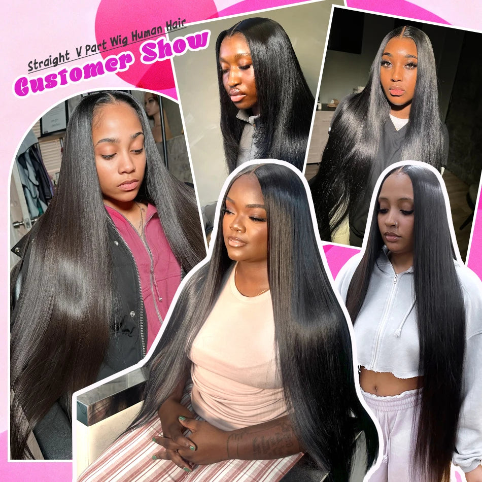 V Part Wigs Human Hair Straight Human Hair Wigs No Leave Out No Sew-In Glueless 220 Density Natural Black Beginner Friendly