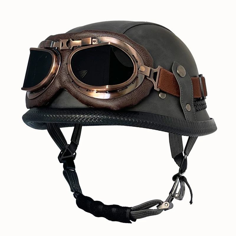 Vintage leather WWII-style black riding helmet, unisex open-face half helmet for German motorcycles, factory direct sales.
