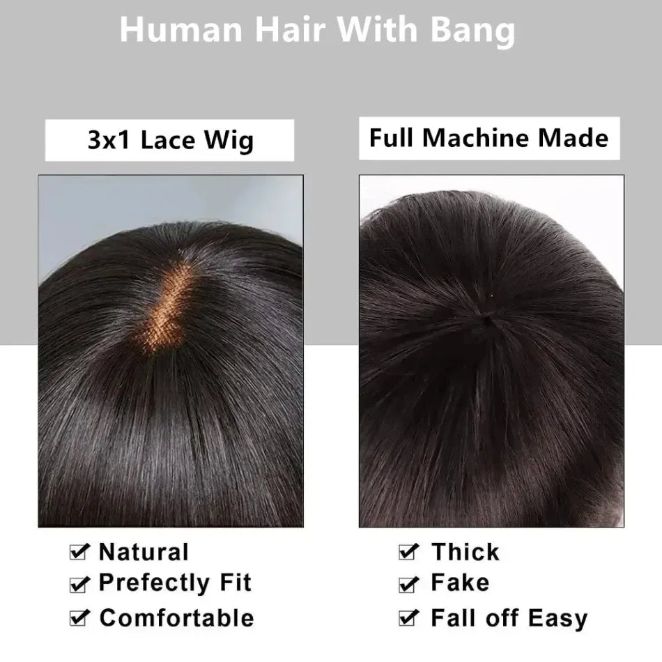 3x1Middle Part Lace Wig Bone Straight Human Hair Wig With Bangs Full Machine Made 30 36 Inch Body Wave Human Hair Wig with Bangs