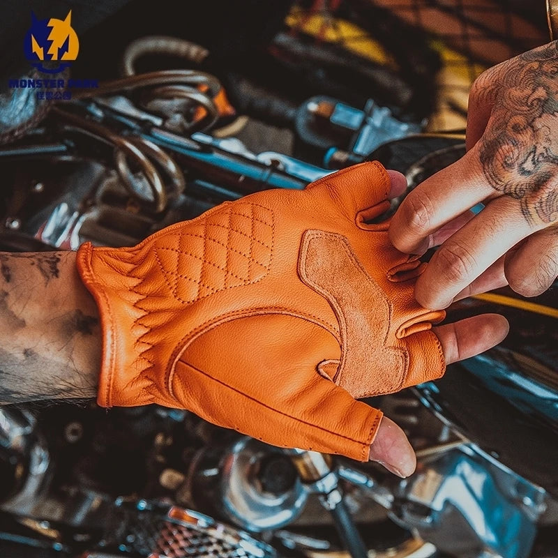 Vintage Motorcycle Fingerless Gloves Half Finger Motorcycle Gloves Leather Moto Guantes Cycling Biker Motocross Racing Gloves