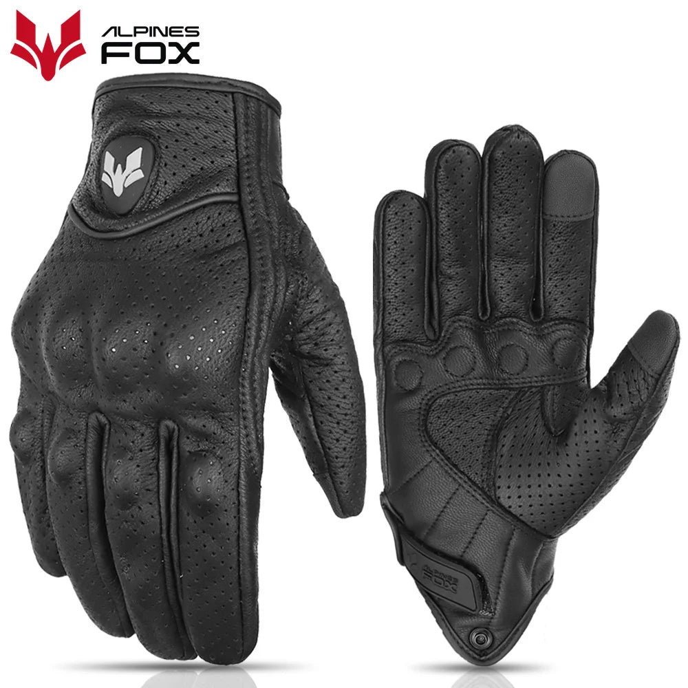 Retro Motorcycle Leather Gloves Perforated Summer Breathable Touch Screen Motobike Cycling Accessories Full Finger Protective