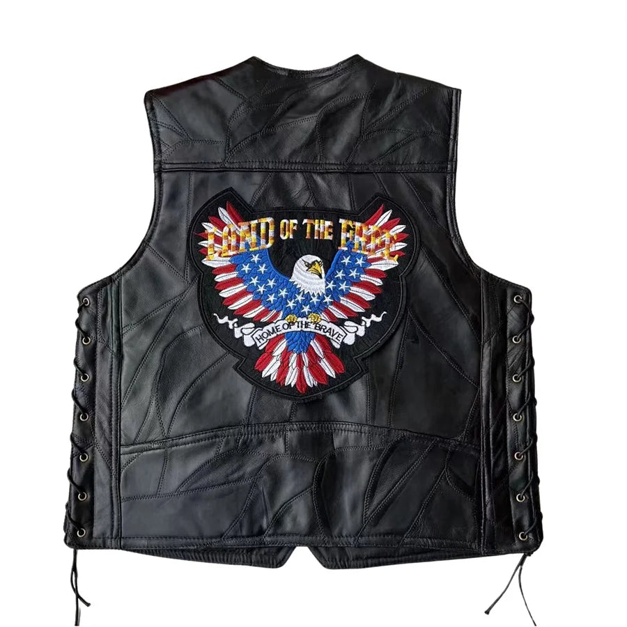 Embroidered Men Motorcycle Leather Vest Punk Sleeveless Jacket Riding Biker Waistcoat Men's Clothing Black Streetwear Big Size
