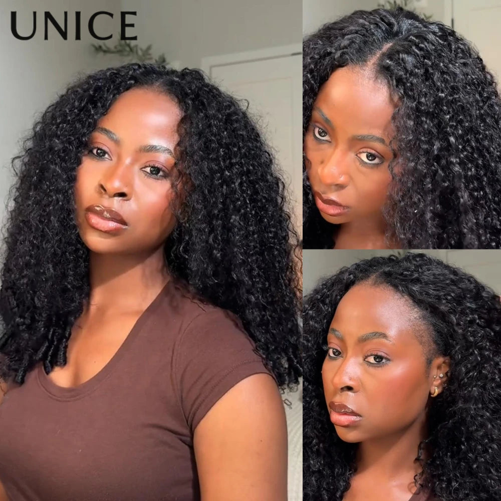 UNice Burmese Curly V Part Wig With Finger Coil Ends & Invisi Drawstring 100% Human Hair Glueless Wigs For Beginners