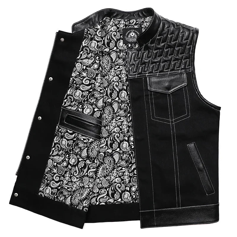 SOA Club Style Motorcycle Leather Vest Men Cowhide Denim Patchwork Waistcoat Sons of Anarchy Biker Vests Man Sleeveless Jacket