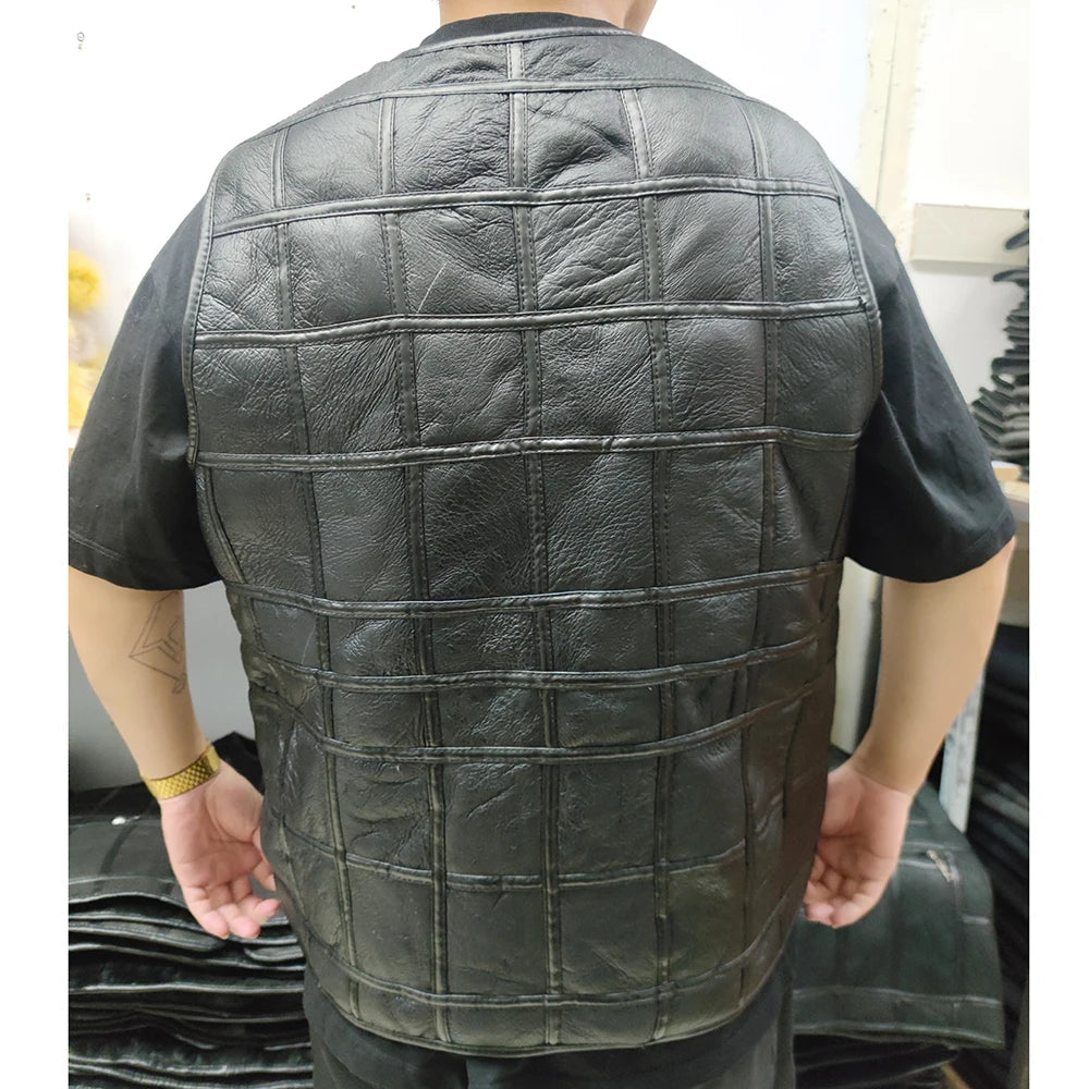2026 Real Sheepskin Genuine Leather Vest Men Black Waistcoat Male Sleeveless Jacket Thick Motorcycle Vest Multi Pocket Zipper