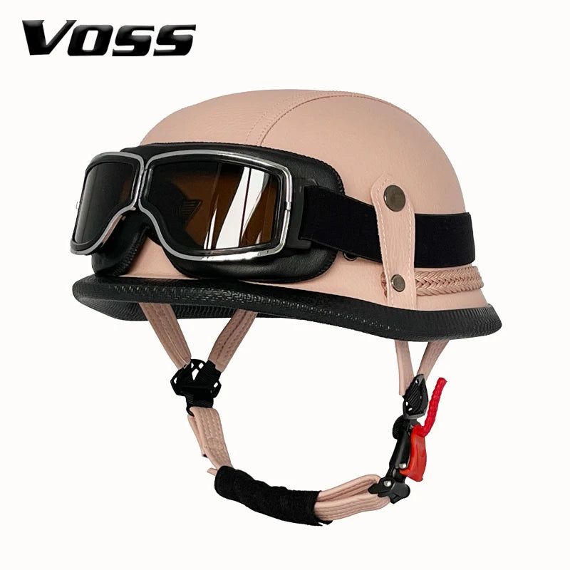 Vintage leather WWII-style black riding helmet, unisex open-face half helmet for German motorcycles, factory direct sales.