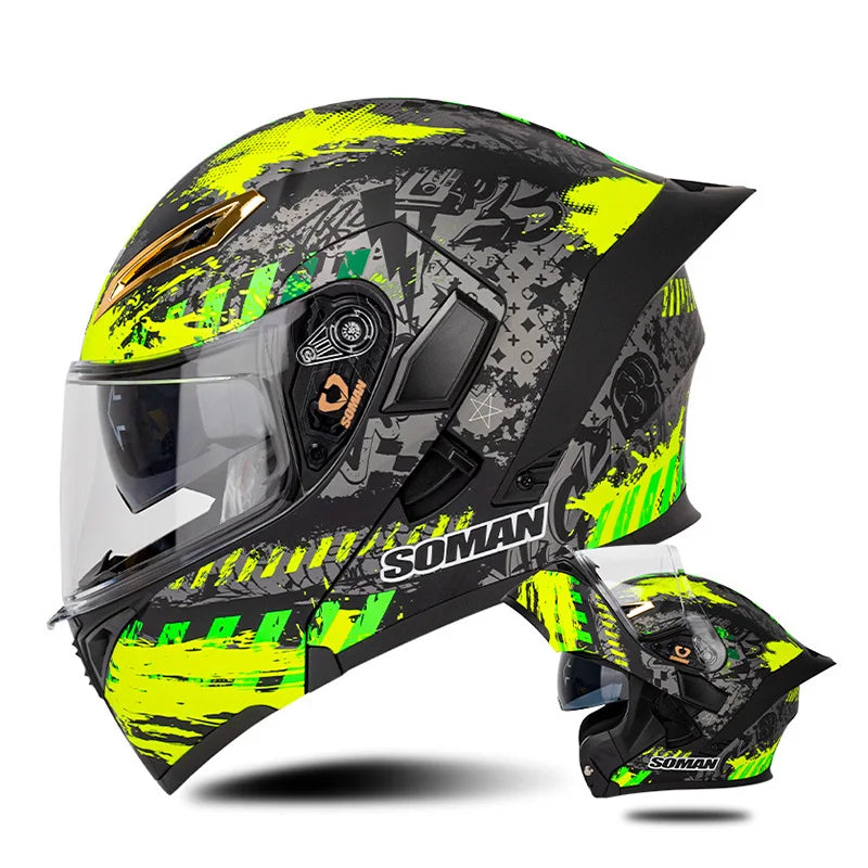 DOT Approved Men Motorcycle Helmet Dual Lens Flip Up Helmets Vintage Retro Full Face Moto Helmet Double Lens Modular Helm