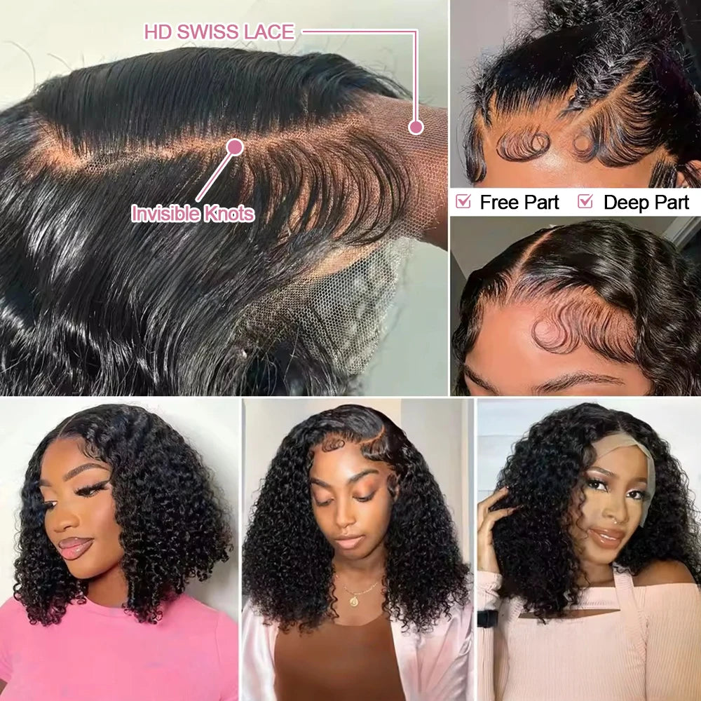 Curly 250% Bob Wig Human Hair Wigs Wear Go 13x4 Glueless Wig Deep Wave 7x5 HD Lace Closure Wigs 250%  Ready To Go With Baby Hair