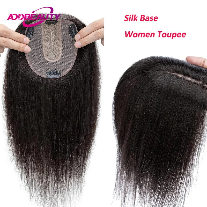 Women Topper Human Hair Straight Silk Top Human Hair Wigs Machine Made Clip in Remy Hair Toupee Silk Base Human Hair System Unit