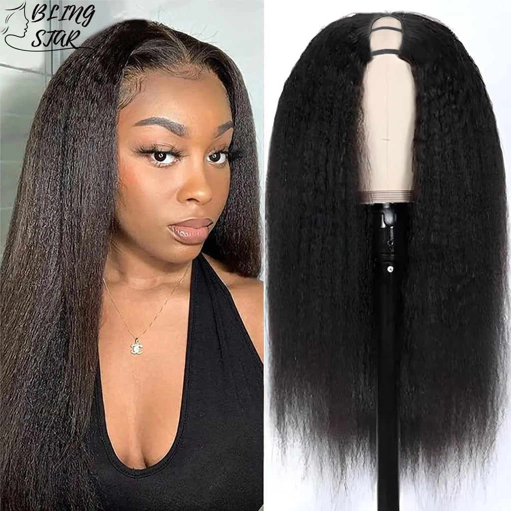 200% Density V Part Wig Kinky Straight Human Hair Wig Natural Black Kinky Straight V Part Wig Human Hair For Black Women 30 Inch