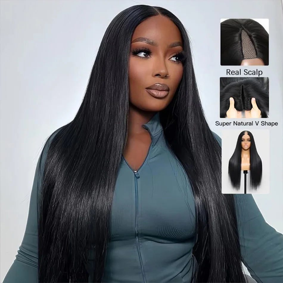 V Part Wigs Human Hair Straight Human Hair Wigs No Leave Out No Sew-In Glueless 220 Density Natural Black Beginner Friendly