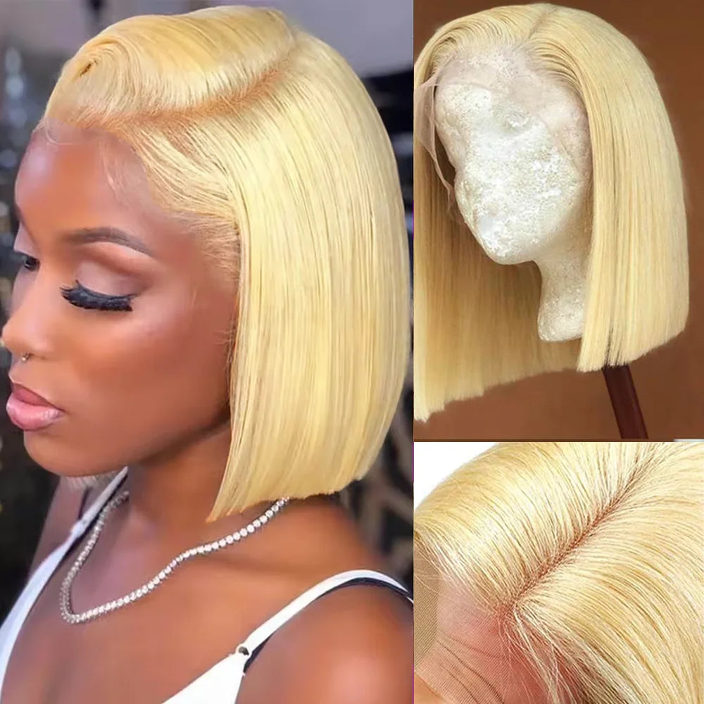 Honey Blonde Short Straight Bob Human Hair Wigs Brazilian Lace Front 613 Human Hair Wigs Pre Plucked HD Lace Wigs Remy Hair Wigs