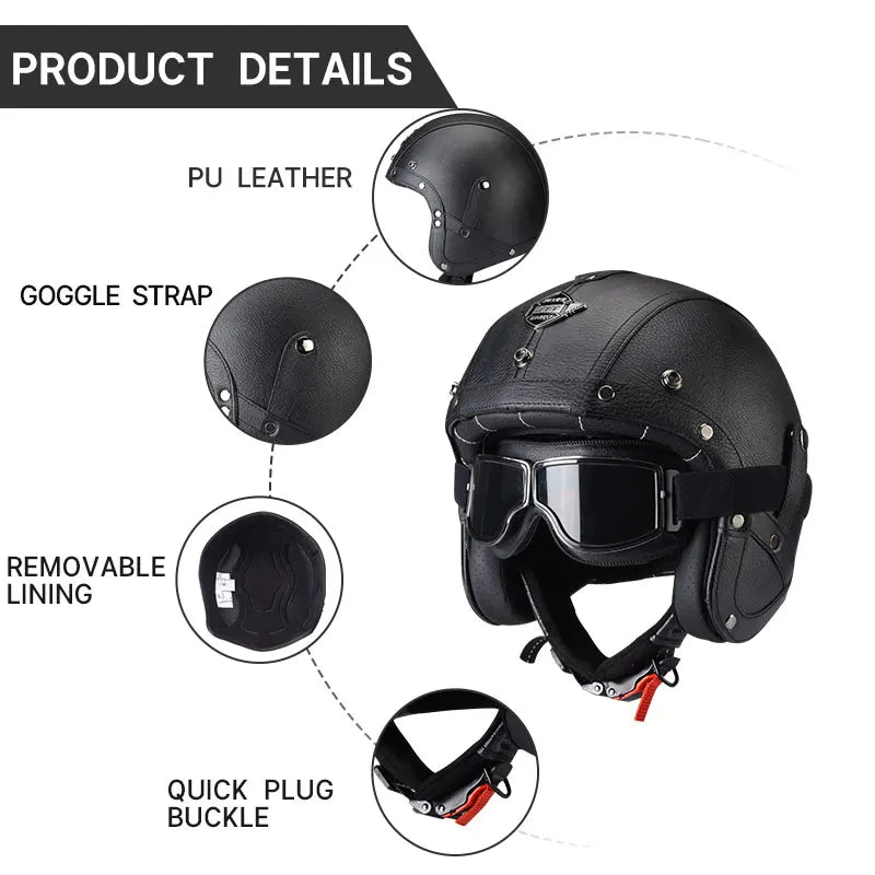 DOT Approved Vintage Leather Motorcycle Helmet Retro Open Face Chopper Casque Capacete Motorbike De Moto Masculino Casco Moto