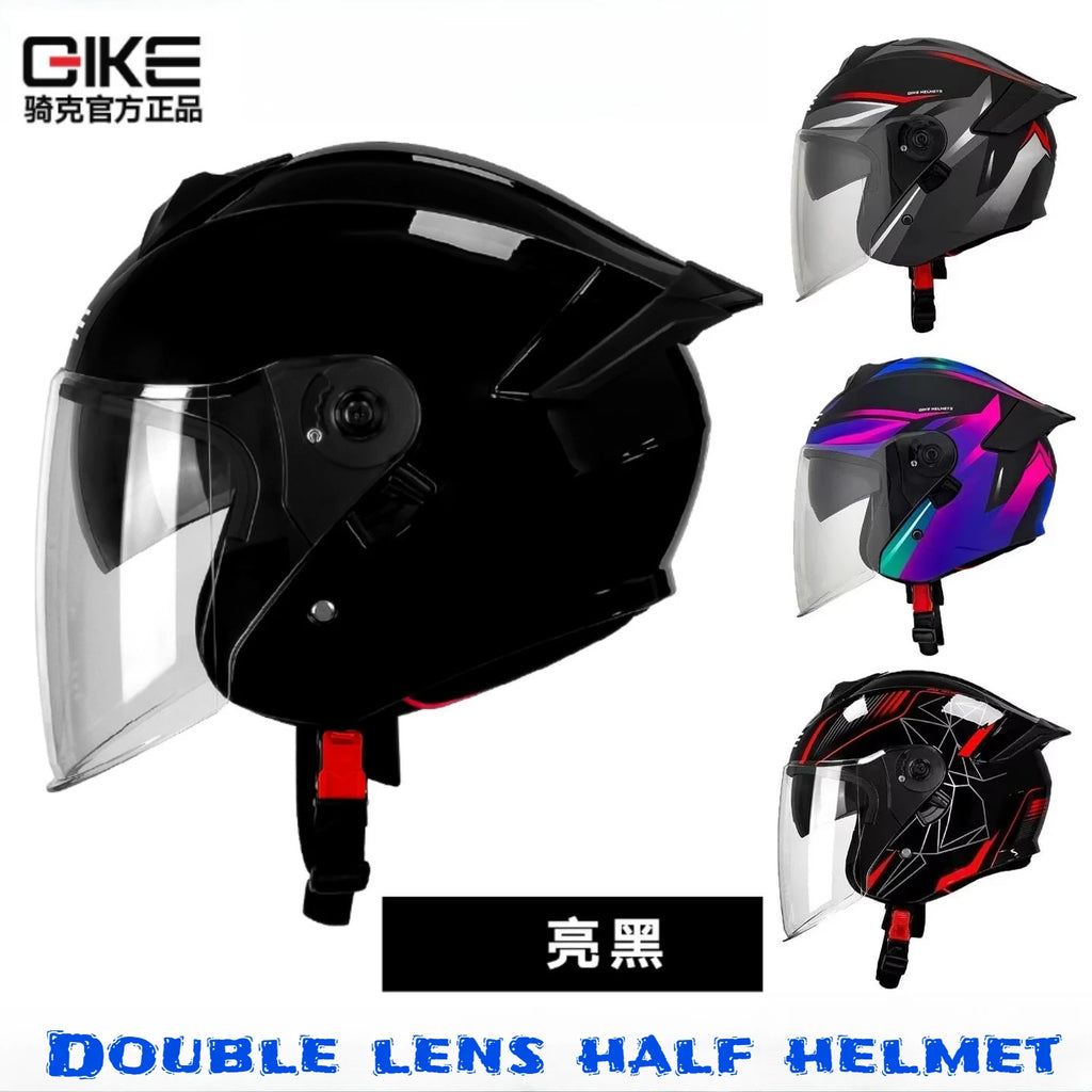 Qike Motorcycle Helmet Three-quarters Double Lens Helmets Motobike Half Helmet Four Seasons Men Women Cascos Moto