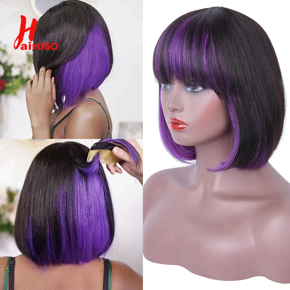 Purple Ombre Bob Straight Wigs Short BOB Human Hair Wigs With bangs Mix Color Bob Bangs Wigs P1B/27 Highlight Wigs For Party