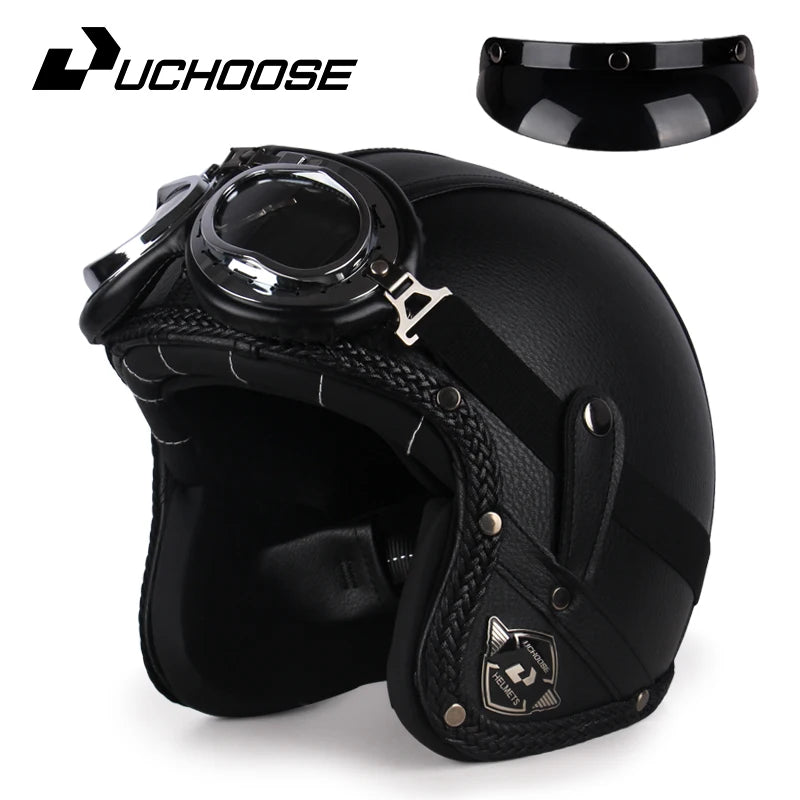 UCHOOSE Retro Motorcycle Helmet PU Leather Open Face 3/4 Chopper Bicycle Helmets Classic Casco Moto Vintage