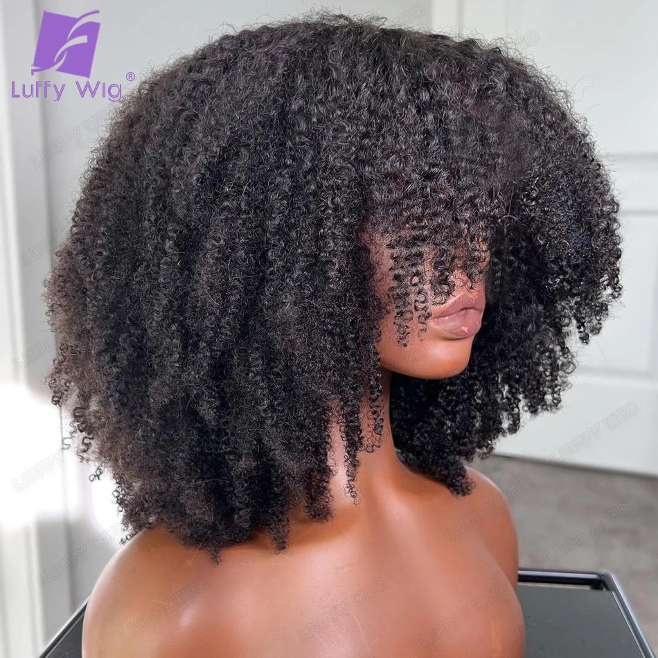 Short Curly Human Hair Wigs with Bangs Brazilian Afro Kinky Curly Wig Scalp Base Top Full Machine Made Wig with Bangs for Women