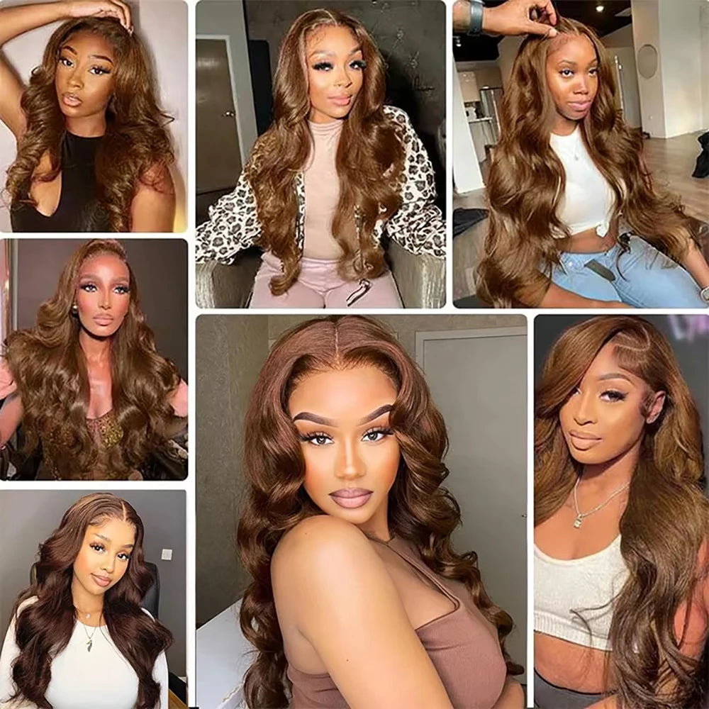 13x6 Chocolate Brown Body Wave Lace Front Wig Transparent Lace Frontal Wig Human Hair Preplucked Colored Human Hair Wigs 200%