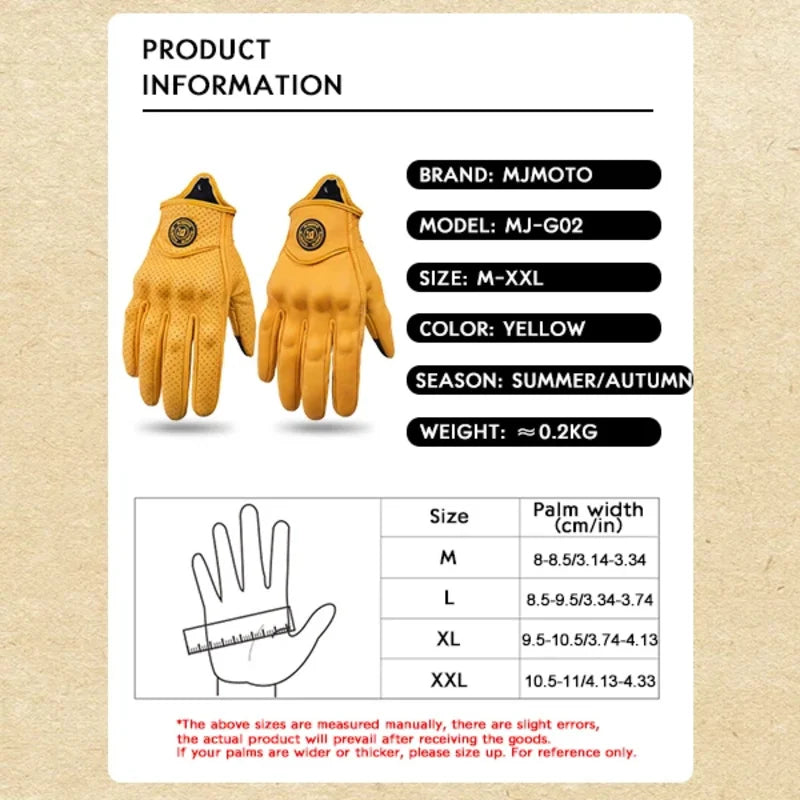 MJMOTO New Yellow Retro Motorcycle Riding Gloves Breathable Comfort Offroad Luvas Joint Protection Motorbike Glove Touchscreen