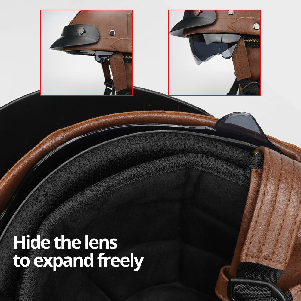 Motorcycle Half Helmet Leather Motorbike Open Face Helmet Vintage Fashion Safety Helmets Anti Fall And SunCap Moto Helmets M-XL