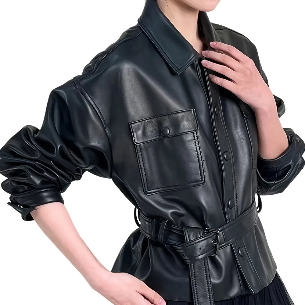 Women's retro loose leather motorcycle jacket lightweight long-sleeved zipper lapel cardigan street clothing trendy casual jacke