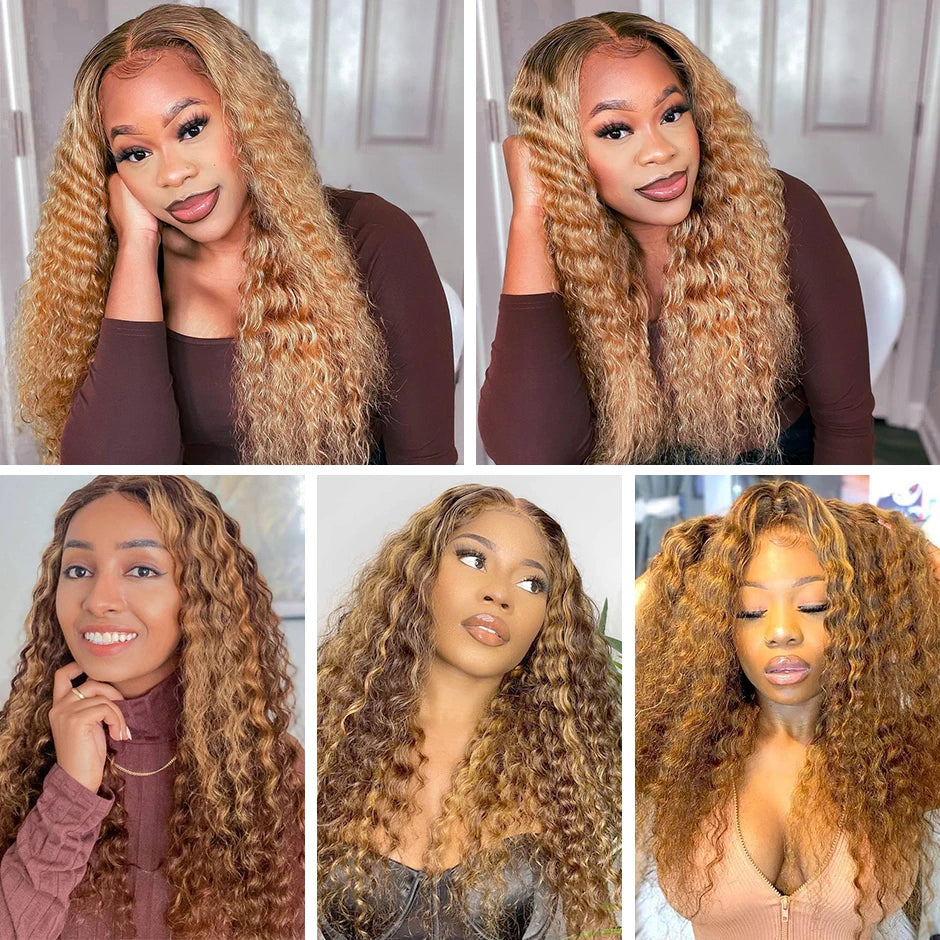Ombre Deep Wave Frontal Wig 4/27 Highlight Human Hair Wigs Brazilian Deep Wave Lace Wig ISEE HAIR 4X4 Lace Closure Wig For Women