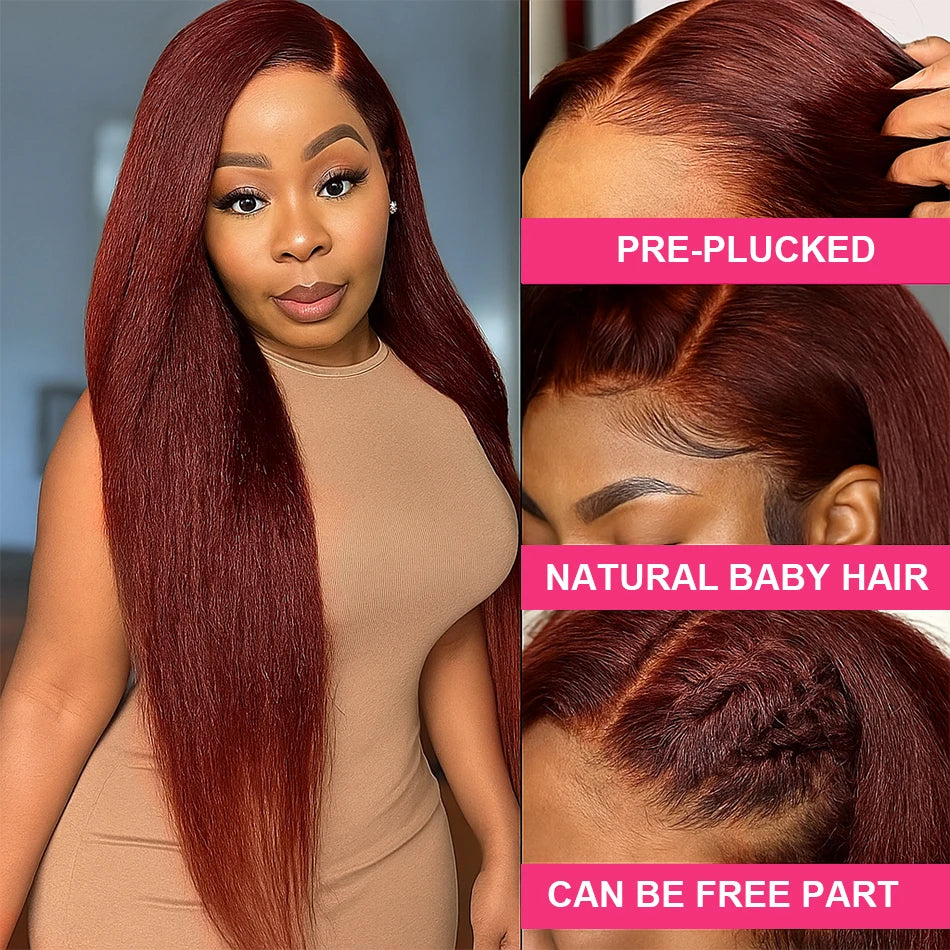 Kinky Straight Closure 4x4 Human Hair Wig Reddish Brown Lace Front Wig Human Hair  13x4 HD Lace Wig 200 Density Brazilian Hair