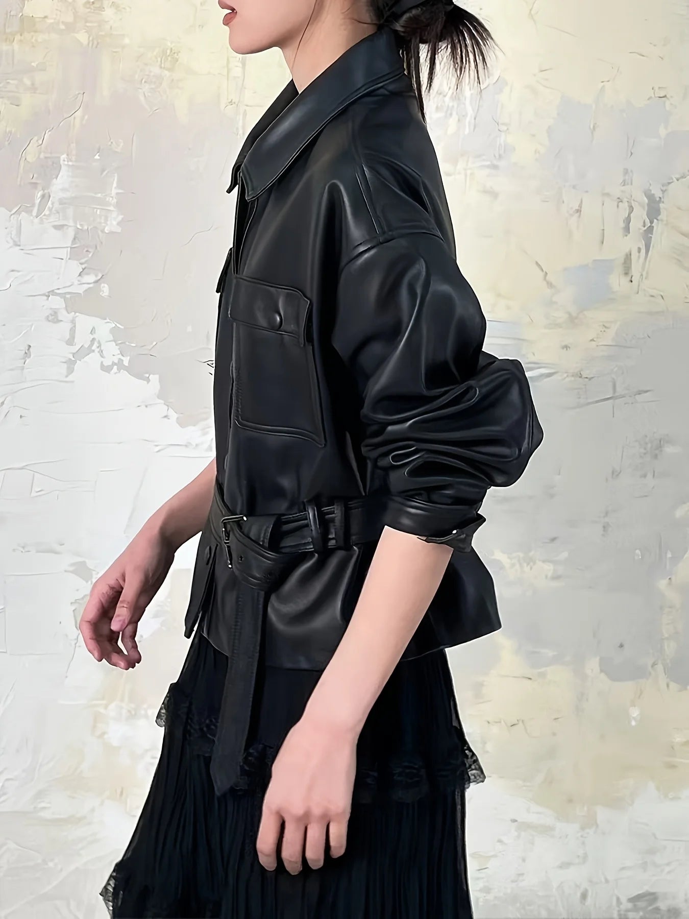 Women's retro loose leather motorcycle jacket lightweight long-sleeved zipper lapel cardigan street clothing trendy casual jacke