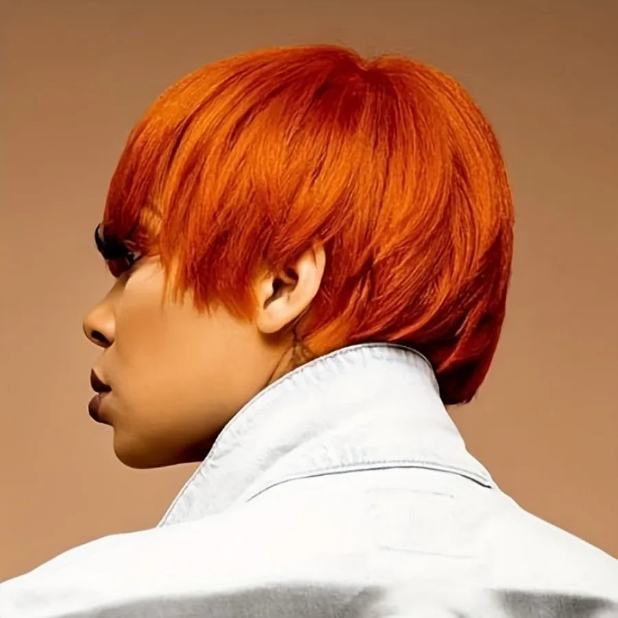 Pixie Cut Brazilian Straight Human Hair 150% Density 6inch Orange with Bangs - Full Machine Made Wig, Rose Net Cap